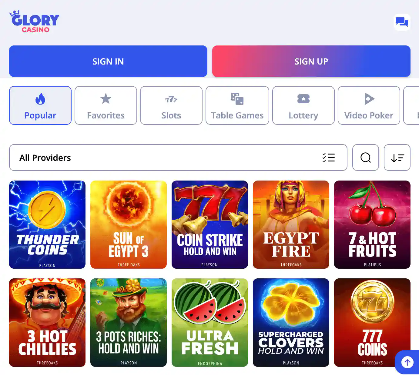 Glory Casino Popular Games